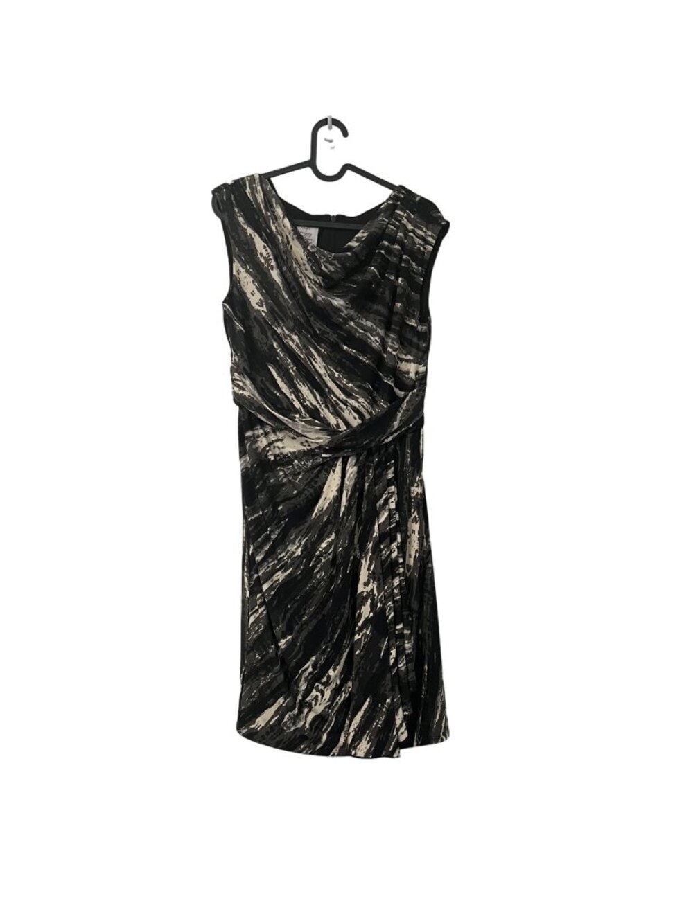Suzy Chin Black Gray Abstract Cowlneck Draped Stretch Sleeveless Sheath Dress 6
